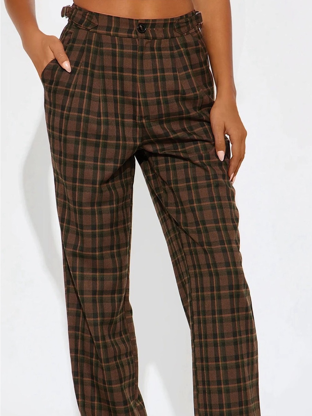 Fashion Nova Brown & Dark Green Plaid High-Waist Trousers